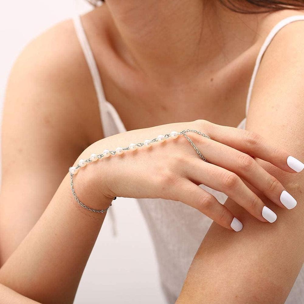 Silver Pearl Hand Chain Bracelet Adjustable for Women
