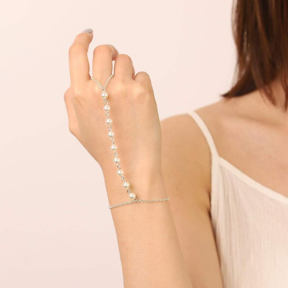 Silver Pearl Hand Chain Bracelet Adjustable for Women