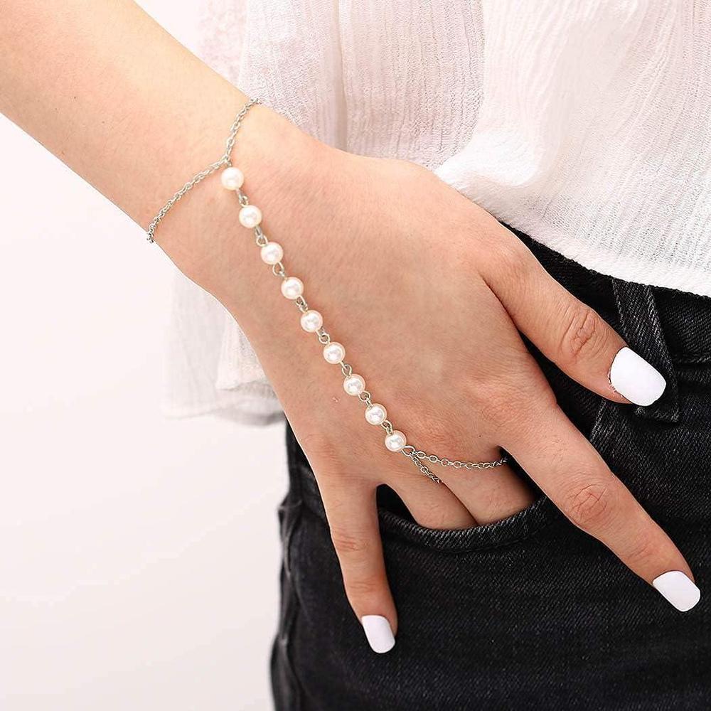 Silver Pearl Hand Chain Bracelet Adjustable for Women