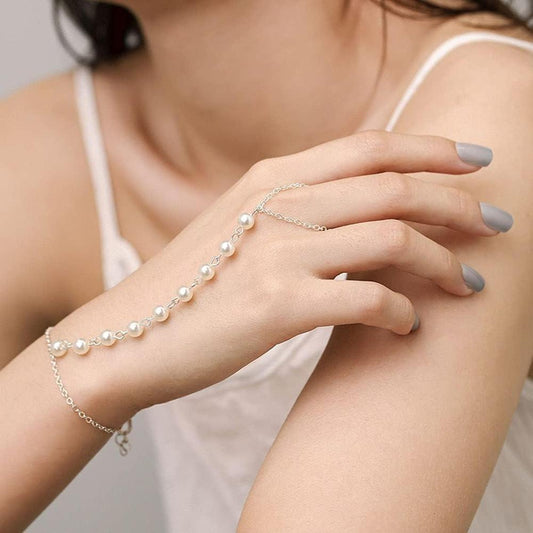 Silver Pearl Hand Chain Bracelet Adjustable for Women